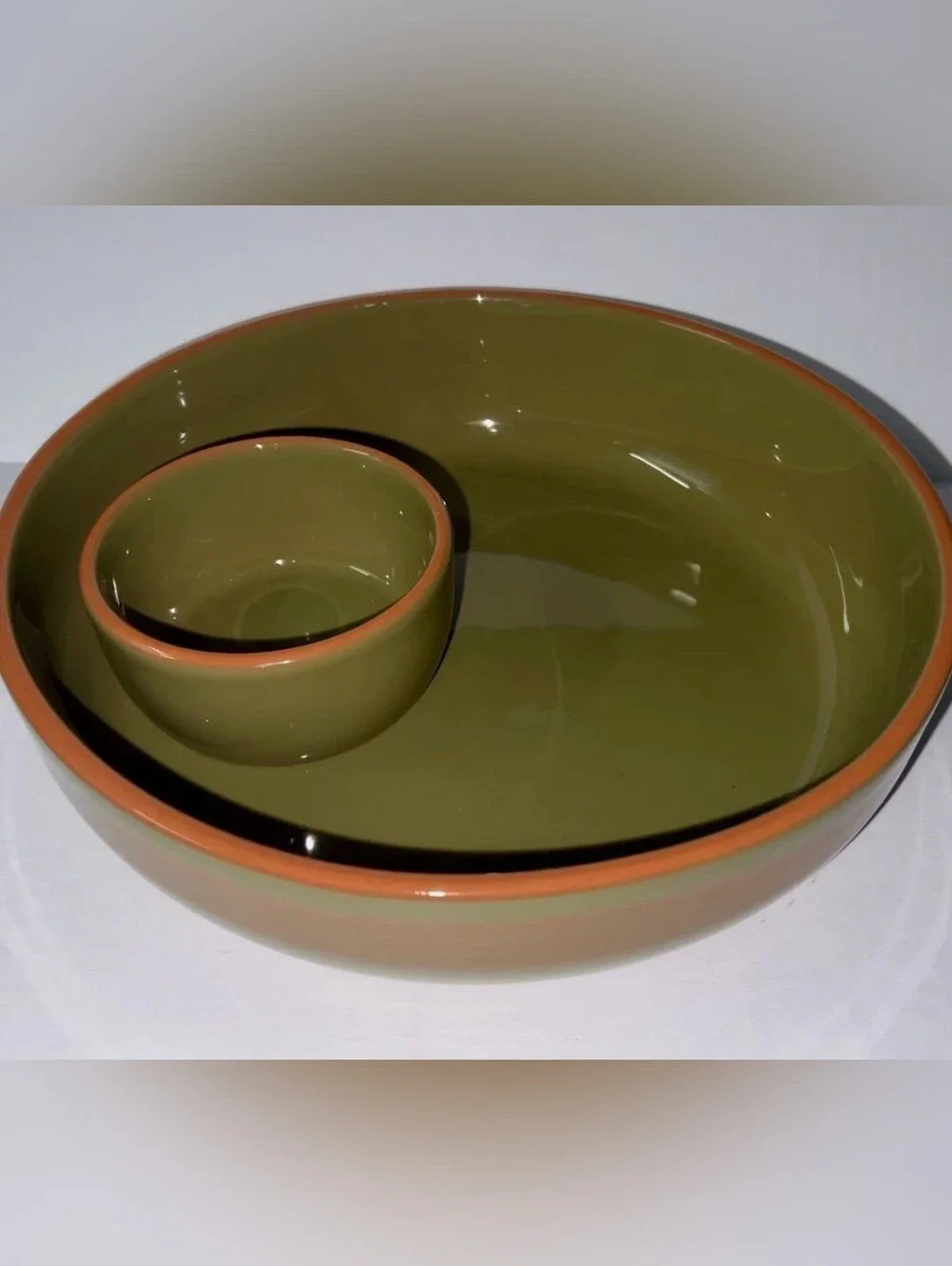 Terracotta Pottery Chip & Dip Serve Bowl Olive/Brown 10.5